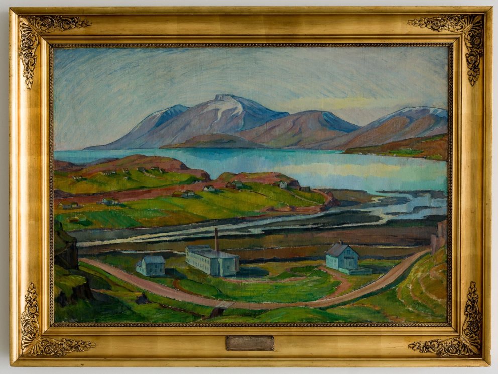Ljósmyndin er af verki Kristínar Jónsdóttur Verksmiðjan Gefjun Akureyri frá árinu 1926, olía á strig…